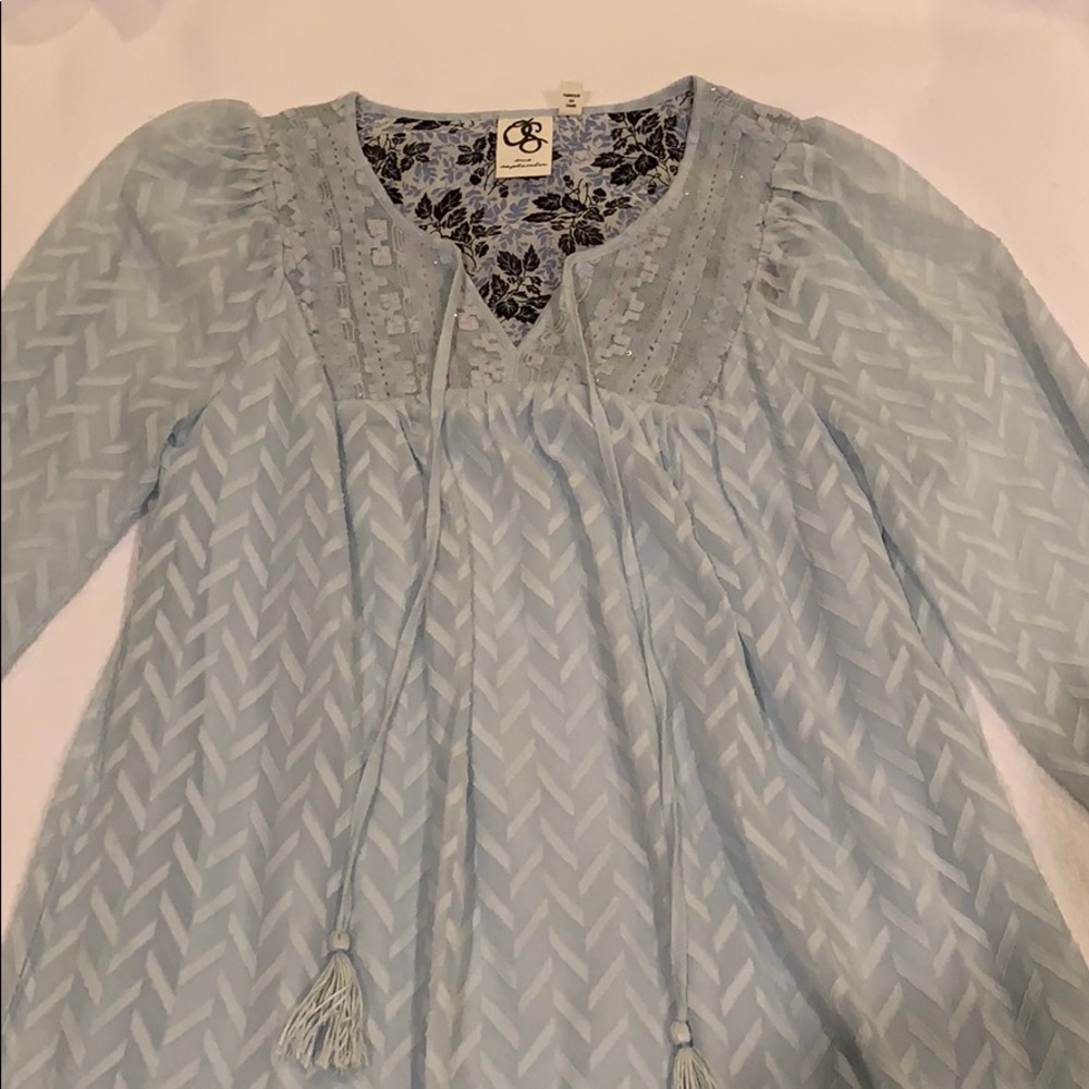 One September light blue peasant dress